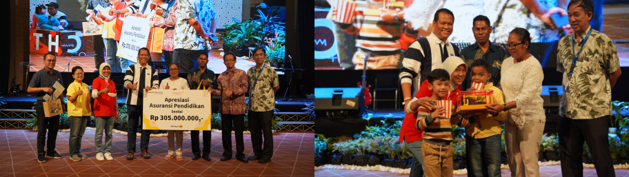 Pemberian asuransi pendidikan oleh Edhie Sarwono (Direktur UT) kepada Nuryanti Ussanak Seran (ibu kandung Nono) (foto kiri), Penyerahan miniatur Excavator Komatsu oleh Endang Tri Handajani (Head of Corporate Human Capital and Corporate University) kepada Nono (foto kanan).