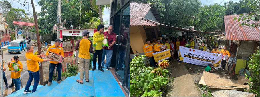 Penyerahan bantuan kebutuhan pokok oleh tim UT kepada masyarakat yang terdampak.