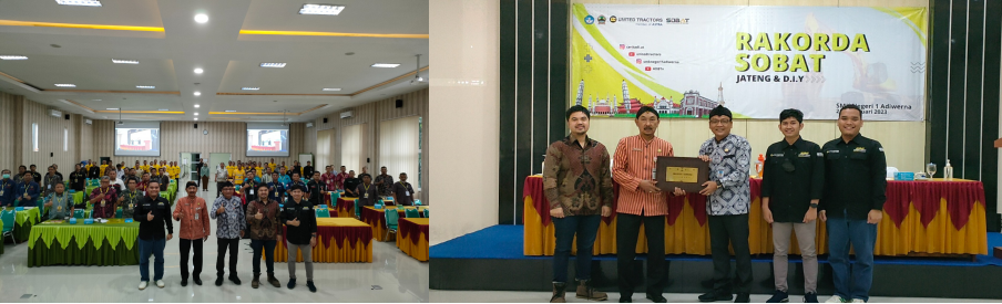 Acara Rakorda SOBAT 2023 yang terdiri dari pihak UT, Dinas Pendidikan dan Kebudayaan Jawa Tengah, guru, serta siswa/siswi sekolah binaan UT (foto kiri). Penyerahan sertifikat SMK Bisa Astra kepada SMK Negeri 1 Adiwerna (foto kanan).