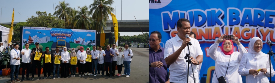 Penyerahan souvenir oleh Ida Fauziyah (Menaker RI) kepada perwakilan peserta mudik (foto kanan). Sambutan Edhie Sarwono (Direktur UT) saat acara seremoni pelepasan mudik bersama (foto kiri).