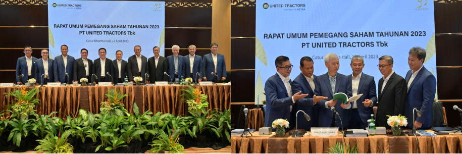 Board of Directors (BOD) and Board of Commissioners (BOC) of PT United Tractors Tbk at the 2023 Annual General Meeting of Shareholders (AGMS) (left photo), BOD and new members of directors (right photo).