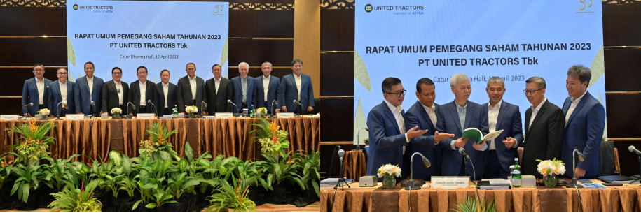 Board of Directors (BOD) dan Board of Commissioners (BOC) PT United Tractors Tbk dalam acara Rapat Umum Pemegang Saham Tahunan (RUPST) 2023 (foto kiri), BOD dan anggota direksi baru (foto kanan).