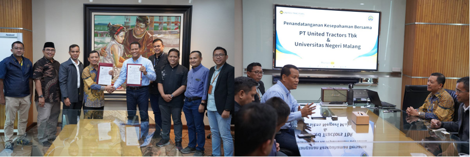Direktur United Tractors, Edhie Sarwono dan Wakil Rektor III Universitas Negeri Malang, Dr. Ahmad Munjin Nasih, S.Pd., M.Ag menandatangani nota kesepahaman di bidang pendidikan di Head Office UT.