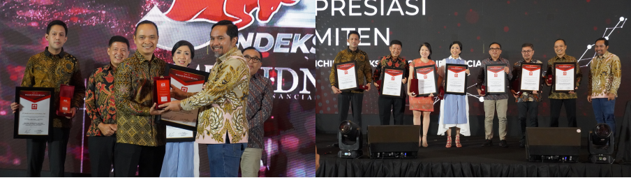 Awarding presentation by Wahyu Diatmika (Indomedia Digital Main Director) to Ari Setiyawan (UT Investor Relations Head) at the Fairmount Hotel, Jakarta.