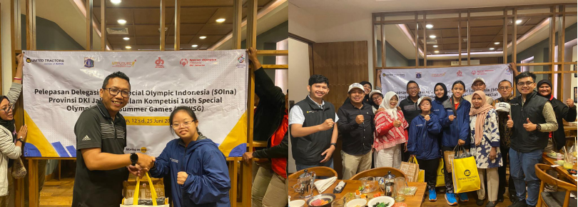 Penyerahan perlengkapan para atlet oleh Himawan Sutanto (CSR Manager UT) kepada Afrah Nada A. (Atlet Olahraga Senam Ritmik) (foto kiri). Pelepasan atlet SOIna yang dihadiri oleh tim UT dan perwakilan Diaspora DKI Jakarta.