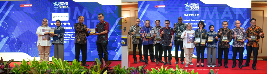 The award presentation HCREA 2023 by Maya Yulianti S.E (Chief Organizer of HCREA 2023) to Endang Tri Handajani (Human Capital Advisor) and  The Best Leadership Development Focus on HC by Rusdi, S.E., M.Hum., Ph.D. (Ministry Planning Bureau) Workers of the Republic of Indonesia) to Warno Santoso (Reward, Performance & Industrial Relations Department Head).