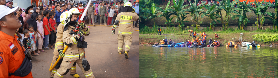 BPBD bersama BASARNAS dan PMI melakukan simulasi penanggulangan korban kebakaran, tenggelam, dan memindahkan korban dari lokasi ketinggian.