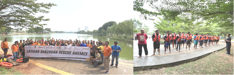 Latihan gabungan pertolongan air yang diikuti oleh Emergency Response Team UT Group di Danau Sunter, Jakarta Utara.