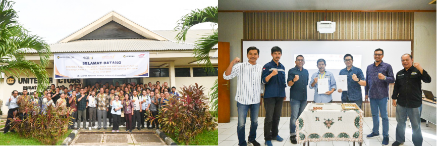 Guru sekolah binaan UT yang mengikuti Rakorda SOBAT tahun 2023 di UT Cabang Makassar (foto kiri). Penandatanganan MoU dan PKS terkait program SOBAT oleh UT dengan tiga sekolah yaitu SMKN 8 Palu, SMKS Andika Mebali Tana Toraja, dan SMK Nusantara Rantepao (foto kanan).