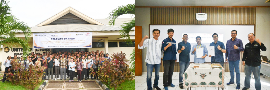 UT's fostered schoolteachers participating in the 2023 SOBAT Coordination Meeting at UT's Makassar Branch (left photo). The signing of the MoU and PKS related to the SOBAT program by UT with three schools, namely SMKN 8 Palu, Andika Mebali Tana Toraja Vocational School, and Nusantara Rantepao Vocational School (photo right).