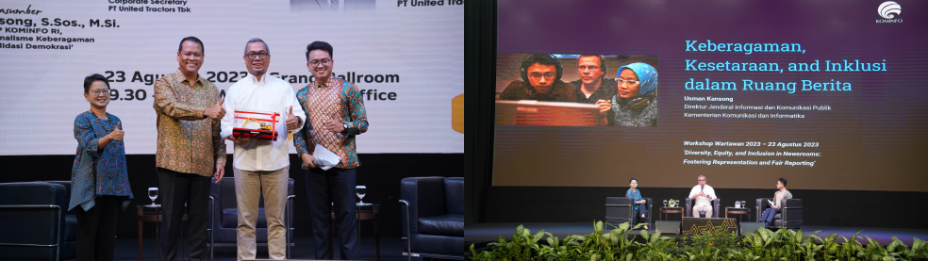 Presentation of the Miniature of Excavator by Edhie Sarwono (Director of UT) to Dr.Usman Kansong, S.Sos, M.Si. (Director General of Public Information and Communication,  Ministry of Communications and Informatics of the Republic of Indonesia) (photo left). Topic presentation and discussion related to diversity, equality, and inclusion in the newsroom (photo right).