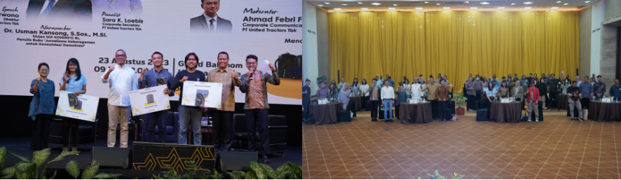 Penyerahan hadiah untuk penanya terbaik (foto kiri). Foto bersama peserta Workshop Wartawan 2023 yang terdiri dari jurnalis media nasional dan PIC Corcom UT Group (foto kanan).