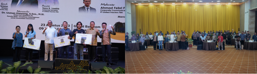 Presentation of prizes for the best questioner (left photo). Participants Group photo in the 2023 Journalist Workshop comprised national media journalists and PIC Corcom UT Group (photo right).