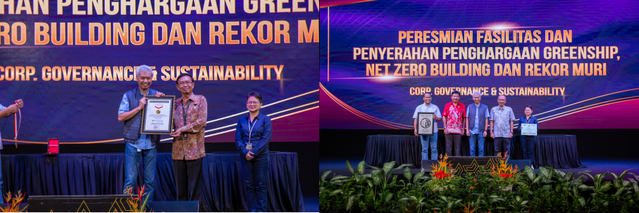 Presentation of the MURI record certificate by the representatives of the Green Building Council Indonesia (GBCI) to Frans Kesuma (President Director of UT) (right photo) and the Greenship Existing Building Certificate to Edhie Sarwono (Director of UT) (left photo).