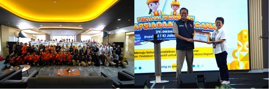 The UT team taking photos along with the BPBD DKI Jakarta team and participants in the 2023 Disaster Festival competition (right photo). Presentation award by Isnawa Adji (Head of the DKI Jakarta Regional Disaster Management Agency (BPBD)) to Sara K. Loebis (Head of Corporate Governance & Sustainability UT).
