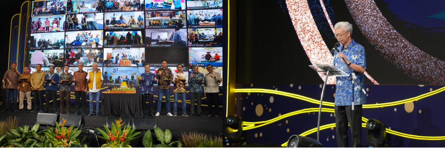 Perayaan HUT ke-51 UT dengan pemotongan tumpeng bersama (foto kiri). Sambutan Frans Kesuma (Presiden Direktur United Tractors) (foto kanan).