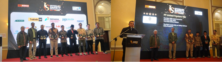 Penghargaan yang diberikan oleh First Indonesia Magazine kepada beberapa perusahaan salah satunya PT United Tractors Tbk (foto kiri). Sambutan oleh Adwi Mahendra (Health Management Team Leader UT) (foto kanan).