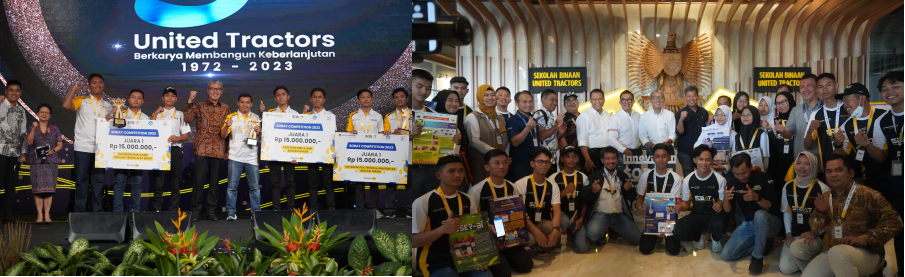 The symbolic presentation of prizes by Iwan Hadiantoro (UT Director) to the winners of the 2023 SOBAT Competition (left photo). UT Board of Directors (BOD) Photo with the 2023 SOBAT Competition participants (right photo).