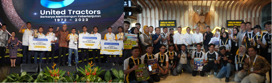 Penyerahan hadiah secara simbolis oleh Iwan Hadiantoro (Direktur UT) kepada pemenang SOBAT Competition 2023 (foto kiri). Foto bersama Board of Director (BOD) UT dengan peserta SOBAT Competition 2023 (foto kanan).