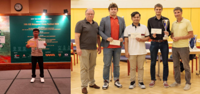 Aditya Bagus Arfan berhasil meraih peringkat 3 dalam ajang Malaysia Chess Festival 2023 (foto kiri) dan Novendra Priasmoro berhasil meraih peringkat pertama pada ajang Ottakring Open 2023 di Vienna (foto kanan).