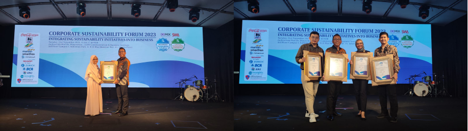 Penyerahan penghargaan kategori Corporate Governance and Sustainability oleh perwakilan majalah MIX MarComm kepada Himawan Sutanto, CSR Manger UT (foto kiri). Penghargaan yang diterima oleh UT untuk program UTACTION, SOBAT, dan TUNTAS (foto kanan).