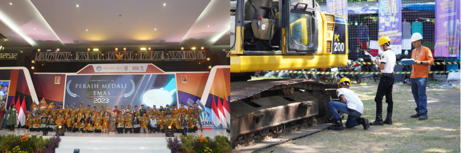 The award presentation to the winners (left photo). The organization of the National Student Skills Competition (Lomba Kompetensi Siswa or LKS) in Heavy Equipment Technology (Teknik Alat Berat or TAB) at SMKN 5 Surabaya.