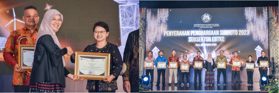 Sara K. Loebis, Corporate Secretary of UT, receives the Subroto 2023 award (left photo). The award presentation to UT and several other national companies in Indonesia (right photo).