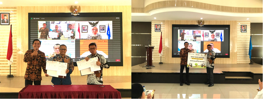 The signing of the Memorandum of Understanding (MoU) by Supriyono, M.Sc., the Head of BBPPMPV BMTI, and Dimas Aryo Wicaksono, the CSR Team Leader at UT (left photo). The symbolic handover of heavy equipment practice tools by Dimas Aryo Wicaksono to Supriyono, M.Sc., took place at Bale Binangkit Building, Cimahi, West Java (right photo).