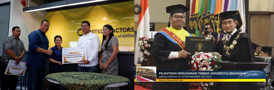 The scholarship was awarded to Peter by UT in 2019 (left photo). Peter's inauguration as the Best Graduate of Universitas Brawijaya on 01/14/2024 (right photo).