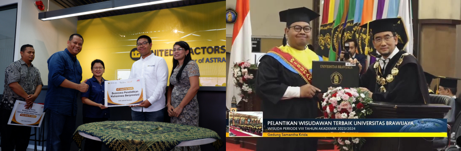 Penyerahan beasiswa oleh UT kepada Peter pada tahun 2019 lalu (foto kiri). Pelantikan Peter menjadi Wisudawan Terbaik Universitas Brawijaya pada 14/01/2024 (foto kanan).