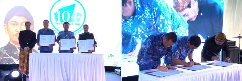 Direktur UT, Edhie Sarwono; Direktur PAMA, Ari Sutrisno; Direktur Utama RSCM, dr. Sumariyono, SpPD-KR, MPH menandatangani nota kesepahaman dana hibah untuk pelayanan dan tindakan pasien obesitas.