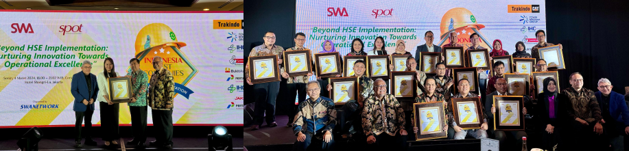 The award presentation by SWA Media to the Environment, Health, and Safety Department Head Erika Pratiwi at the Shangri-La Hotel Jakarta.