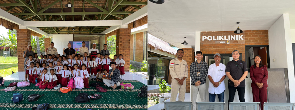 The promotion of Health education by the team from PT United Tractors Tbk (UT) to Catholic elementary school students in Wini, North Central Timor Regency (TTU), East Nusa Tenggara Province (NTT) (left photo). Monitoring of the clinic built by UT in 2022 (right photo).