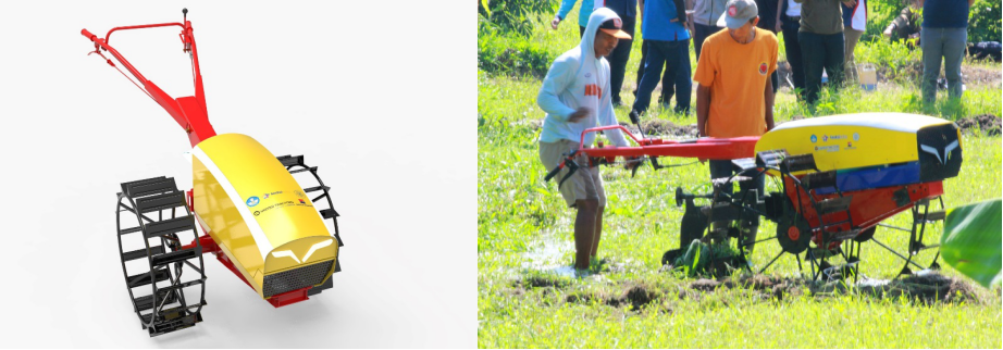 Gambar Electric Tractor for Agriculture (ETA) (foto kiri). Gambar Pengujian ETA di Lahan Persawahan (foto kanan).