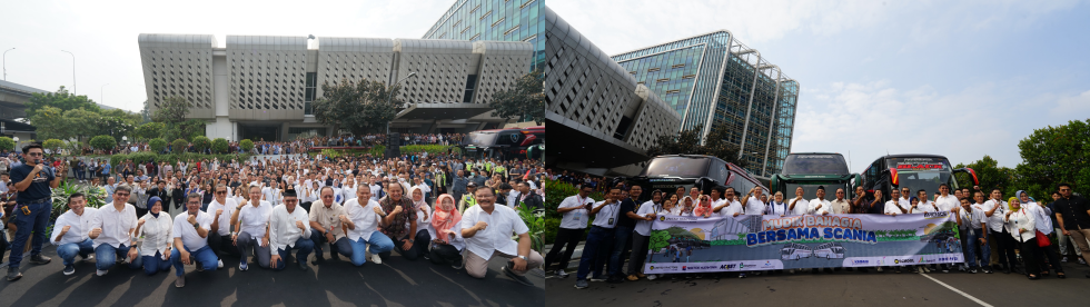 Foto bersama karyawan Grup UT bersama dengan Wakil Menteri Ketenagakerjaan Republik Indonesia (Wamenker RI), Ir. Afriansyah Noor, ST., M.Si., IPU, saat seremoni pelepasan mudik bersama tahun 2024.