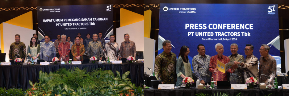 Annual General Meeting of Shareholders (AGMS) of PT United Tractors Tbk in 2024 (left photo). Press Conference of PT United Tractors Tbk in 2024 (right photo).