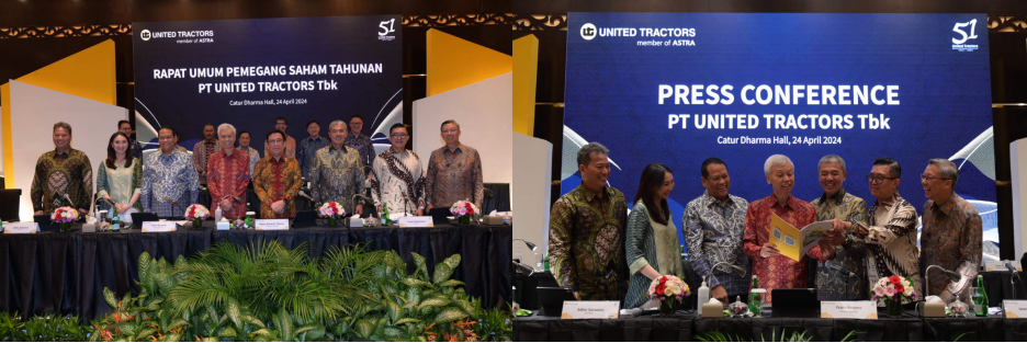 Pelaksanaan Rapat Umum Pemegang Saham Tahunan (RUPST) PT United Tractors Tbk Tahun 2024 (foto kiri). Pelaksanaan Press Conference PT United Tractors Tbk Tahun 2024 (foto kanan).