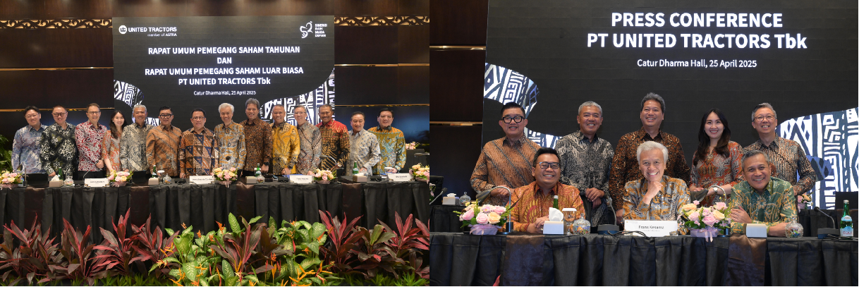 Pelaksanaan Rapat Umum Pemegang Saham Tahunan (RUPST) PT United Tractors Tbk Tahun 2025 (foto kiri). Pelaksanaan Press Conference PT United Tractors Tbk Tahun 2025 (foto kanan).
