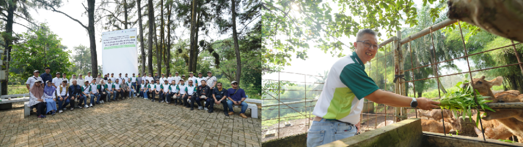 Foto bersama para peserta sebelum melakukan penanaman pohon (foto kiri). Kunjungan Direktur United Tractors, Widjaja Kartika ke penangkaran Rusa Timor yang merupakan fauna dilindungi (foto kanan).