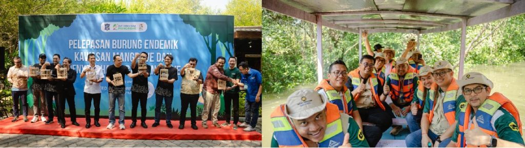 Pelepasan burung endemik (foto kiri). Perjalanan ke lokasi penanaman mangrove (foto kanan).