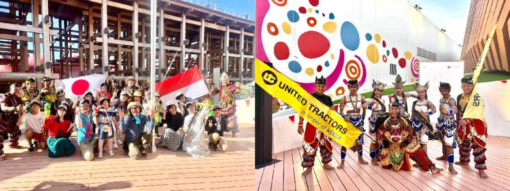 Foto bersama Tim Penari Sanggar Karsa Budaya Nuswantara dengan pengunjung World Expo Osaka 2025 di Paviliun Indonesia (foto kiri). Foto bersama Tim Penari Sanggar Karsa Budaya Nuswantara (foto kanan).