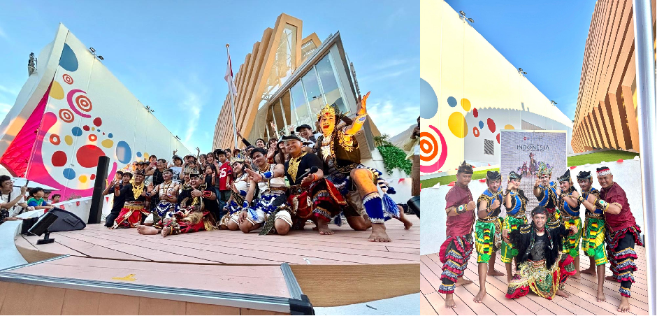 Foto bersama Tim Penari Sanggar Karsa Budaya Nuswantara dengan pengunjung World Expo Osaka 2025 di Paviliun Indonesia (foto kiri). Foto bersama Tim Penari Sanggar Karsa Budaya Nuswantara (foto kanan).