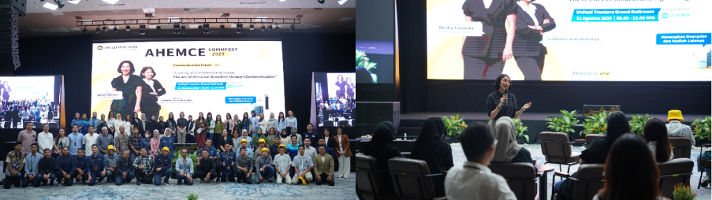 Foto bersama peserta yang mengikuti seminar di UT Grand Ballroom, Jakarta (foto kiri). Penyampaian materi oleh Public Speaker sekaligus Independent Communication Facilitator, Becky Tumewu (foto kanan).