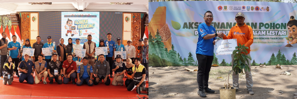 Foto bersama setelah pengumuman lomba kesiapsiagaan bencana (foto kiri). Simbolis penyerahan bibit pohon oleh CSR Manager UT, Himawan Sutanto (foto kanan).