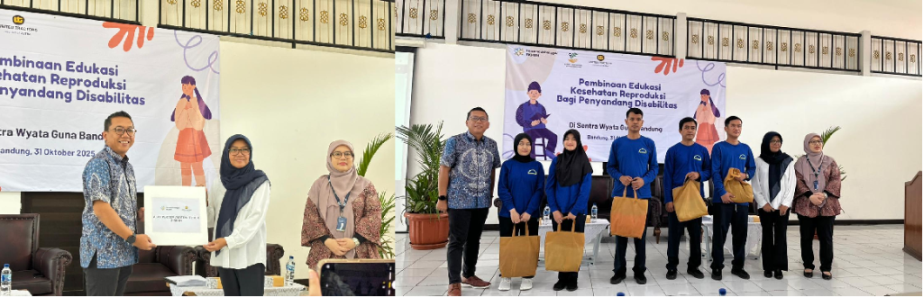 Simbolis penyerahan alat phantom patung untuk pembelajaran massage oleh CSR Manager UT, Himawan Sutanto (foto kiri). Penyerahan bantuan paket kesehatan untuk disabilitas netra (foto kanan).