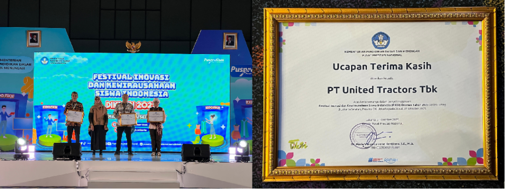 Perwakilan United Tractors, Dimas Aryo Wicaksono, menerima apresiasi dari Kemendikdasmen pada ajang Festival Inovasi dan Kewirausahaan Siswa Indonesia (FIKSI) 2025 di Jakarta (foto kiri). Sertifikat penghargaan (foto kanan)