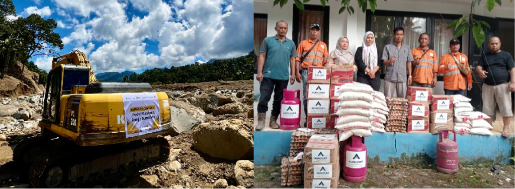 Bantuan alat berat yang diberikan oleh Grup United Tractors (foto kiri). Bantuan kebutuan pokok oleh Agincourt Resources untuk masyarakat terdampak bencana di area Tapanuli Selatan (foto kiri).