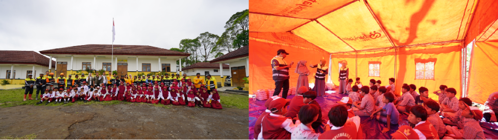 Tinjauan ke SD Negeri Sumberwuluh 02 Lumajang yang dibangun oleh UT (foto kiri). Bantuan logistik kepada masyarakat terdampak erupsi Gunung Semeru (foto kanan).