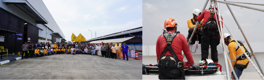 Simulasi gempa dan evakuasi keluarga karyawan di UT Cabang Surabaya (foto kiri dan kanan).