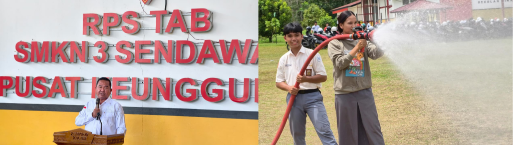 Sambutan Wakil Ketua DPRD Provinsi Kalimantan Timur, Ekti Imanuel, SH., MM, saat kunjungan di SMKN 3 Sendawar (foto kiri). Simulasi kesiapsiagaan dan tanggap darurat bencana oleh siswa/i SMKN 3 Sendawar (foto kanan).